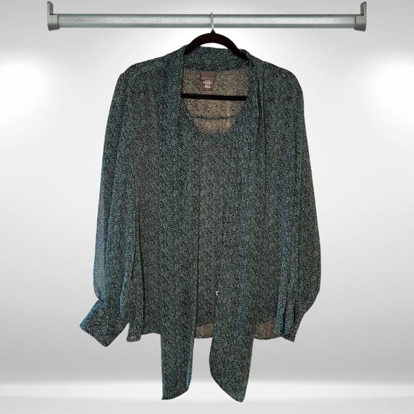 Covington Sheer Button Front Tie Neck Black & Dark Green Long Sleeve Blouse - Picture 4 of 5